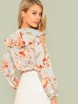 Fashion Floral Print Summer Women Blouse With Ruffle