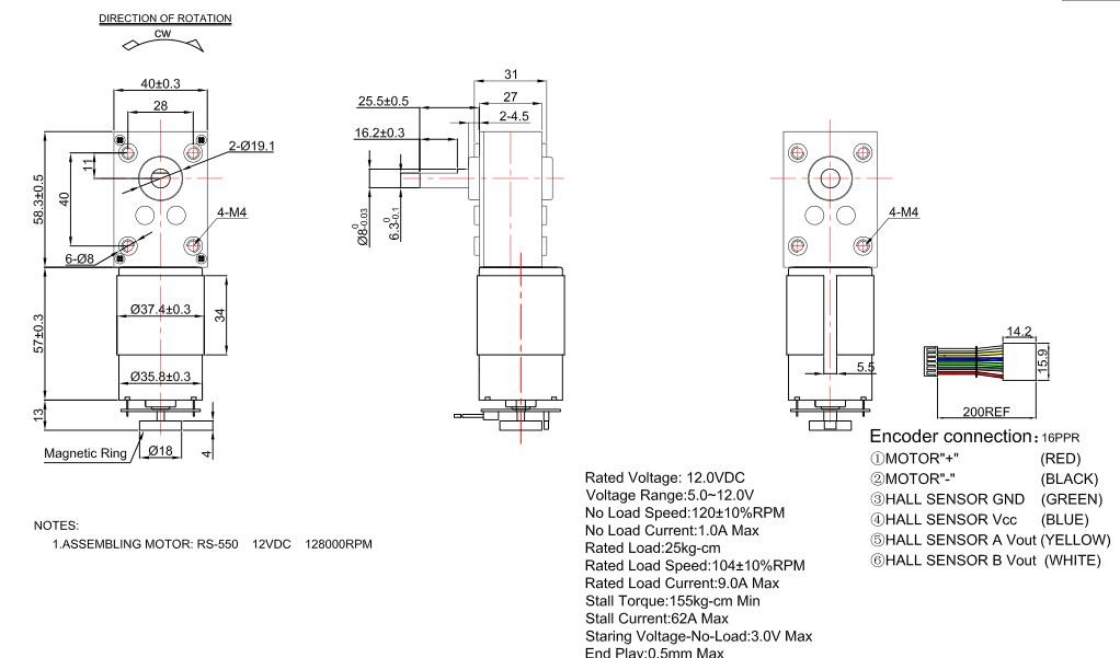 High Torque Worm Gear Motor 12v , 30kg.Cm 120 RPM Gear Motor With Encoder