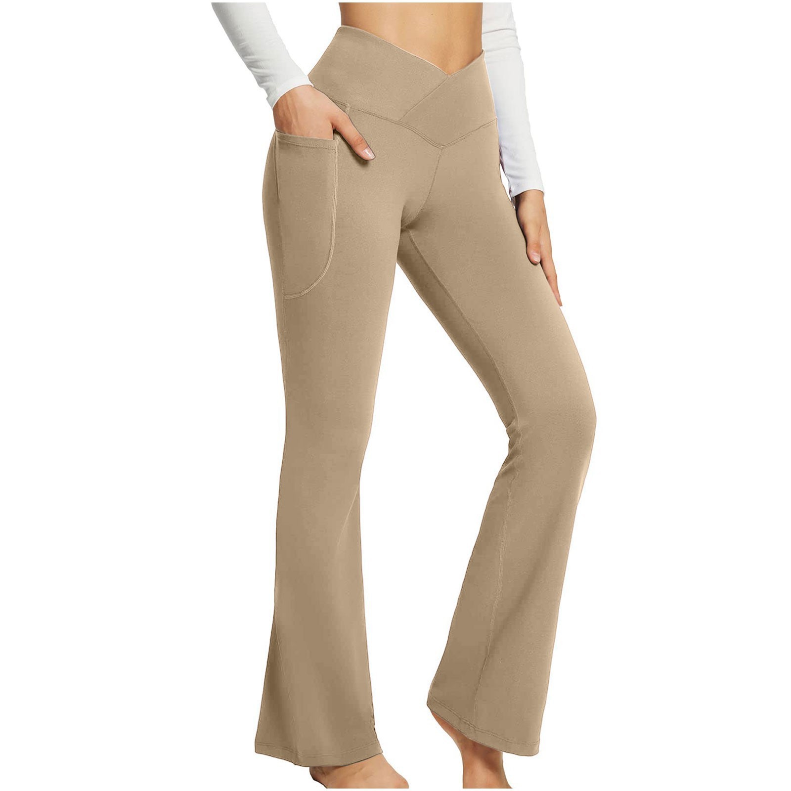 Women'S High Waist Flare Pants Trendy Crossover Yoga Pants Workout Bell Bottom Leggings With Pockets