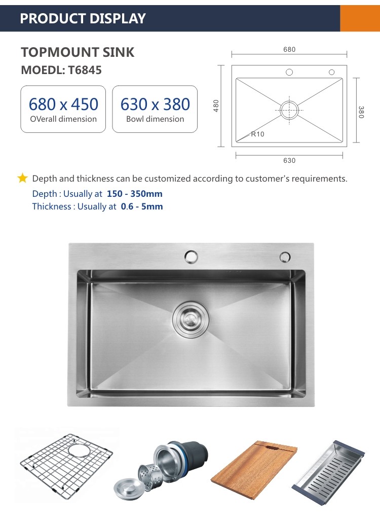 Topmount Stainless Steel Kitchen Sink 16 Gauge Single Bowl 18 Gauge 68x45