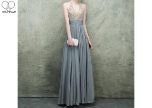 China Hanging Neck Gold A Line Ball Gown Dress Beaded Deep V Neck Floor Length Chiffon wholesale