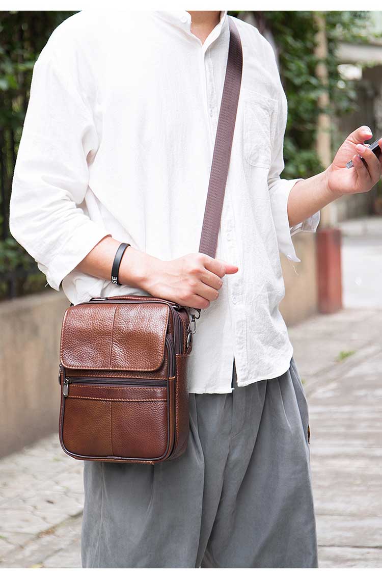 Genuine Leather Men Small Flap Top-handle Handbags Crossbody Bag for Shoulder Messenger