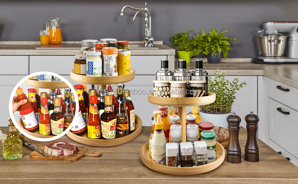 Standing Type 2 Tier Natural Bamboo Lazy Susan Turntable Organizer for Modern Kitchen
