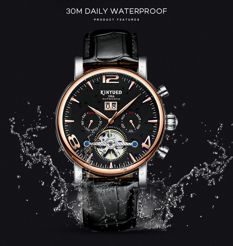 J030-4 KINYUED Mens Automatic Mechanical Watch Tourbillon Leather Waterproof Mechanical Watches