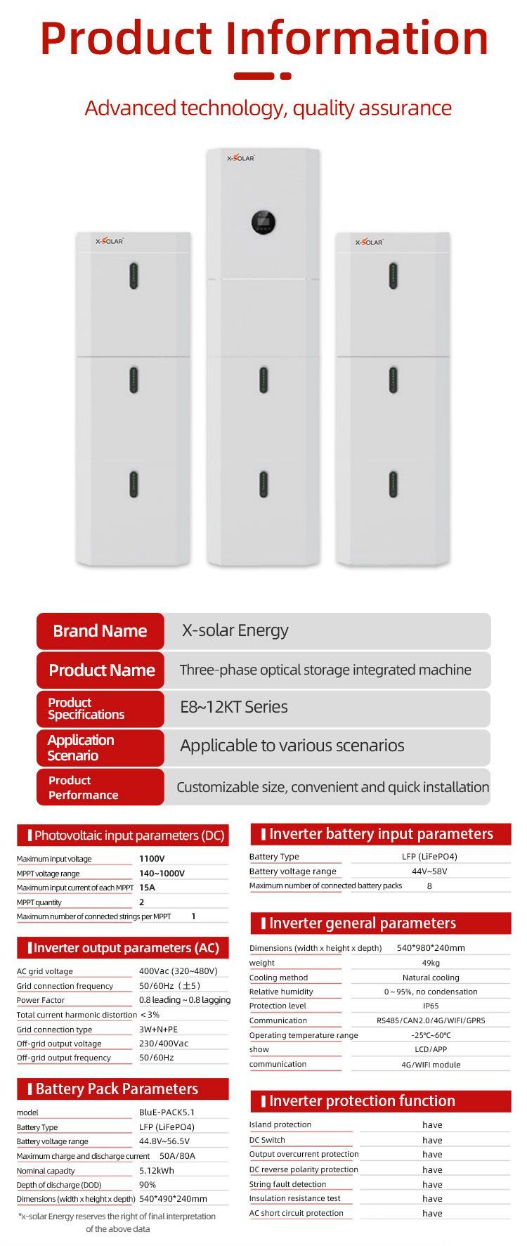 8-12kw AC Output All in One Lithium Battery Inverter 8kwh 12kwh Solar Power Storage Capacity