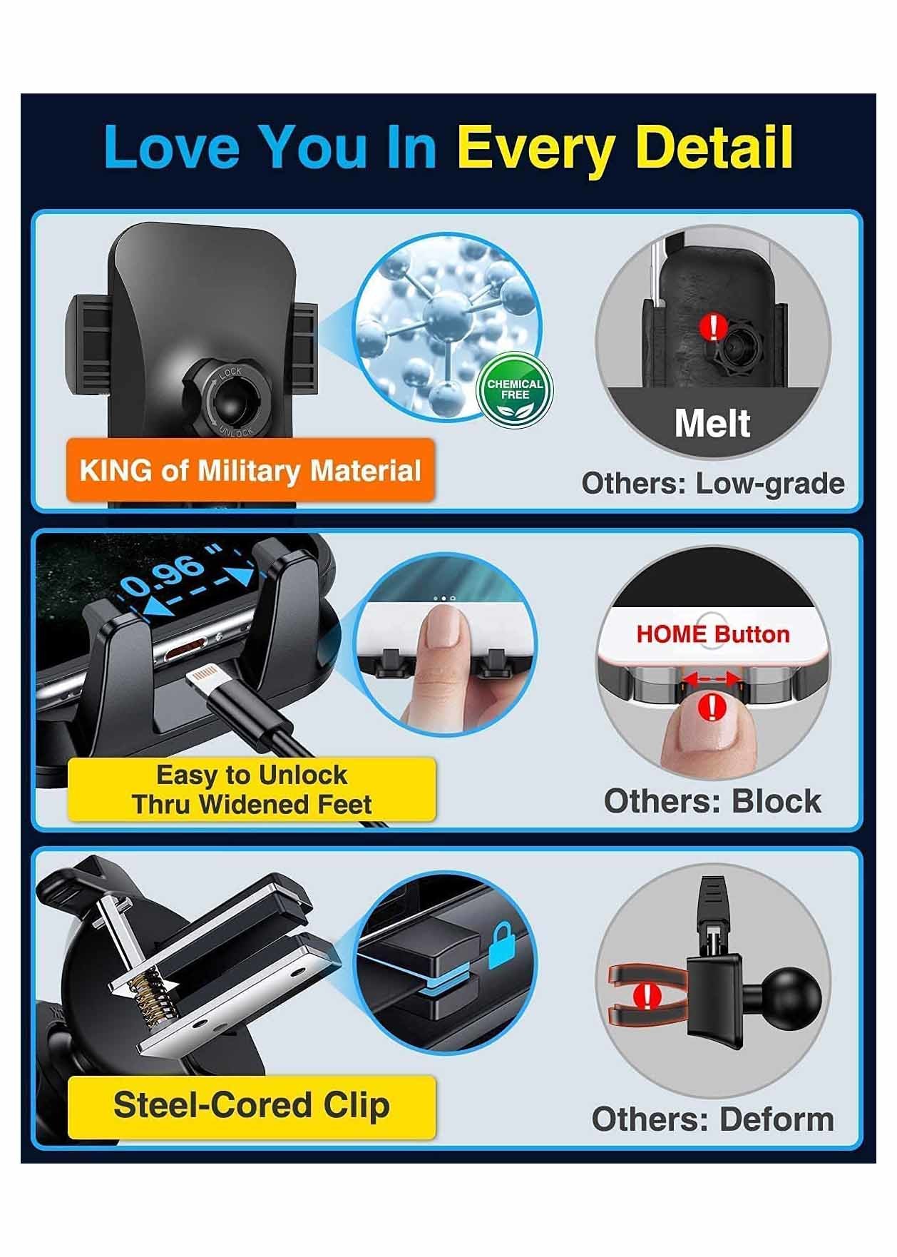 Retractable Windshield Mount Phone Holder Suction Cup 88mm Width