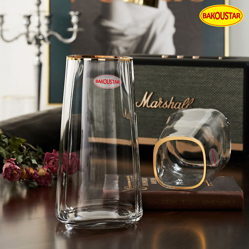 Hand Blown Square Clear Glass Vase With Gold Tracing