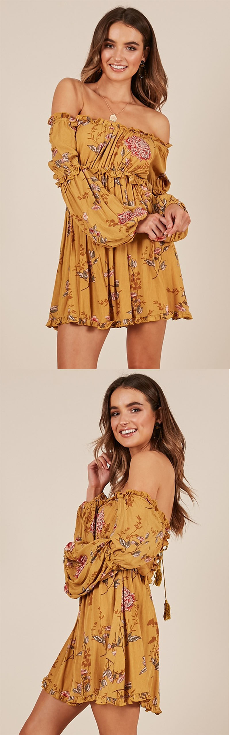 Boho Summer Printed Mustard Floral Mini Women Casual Dresses