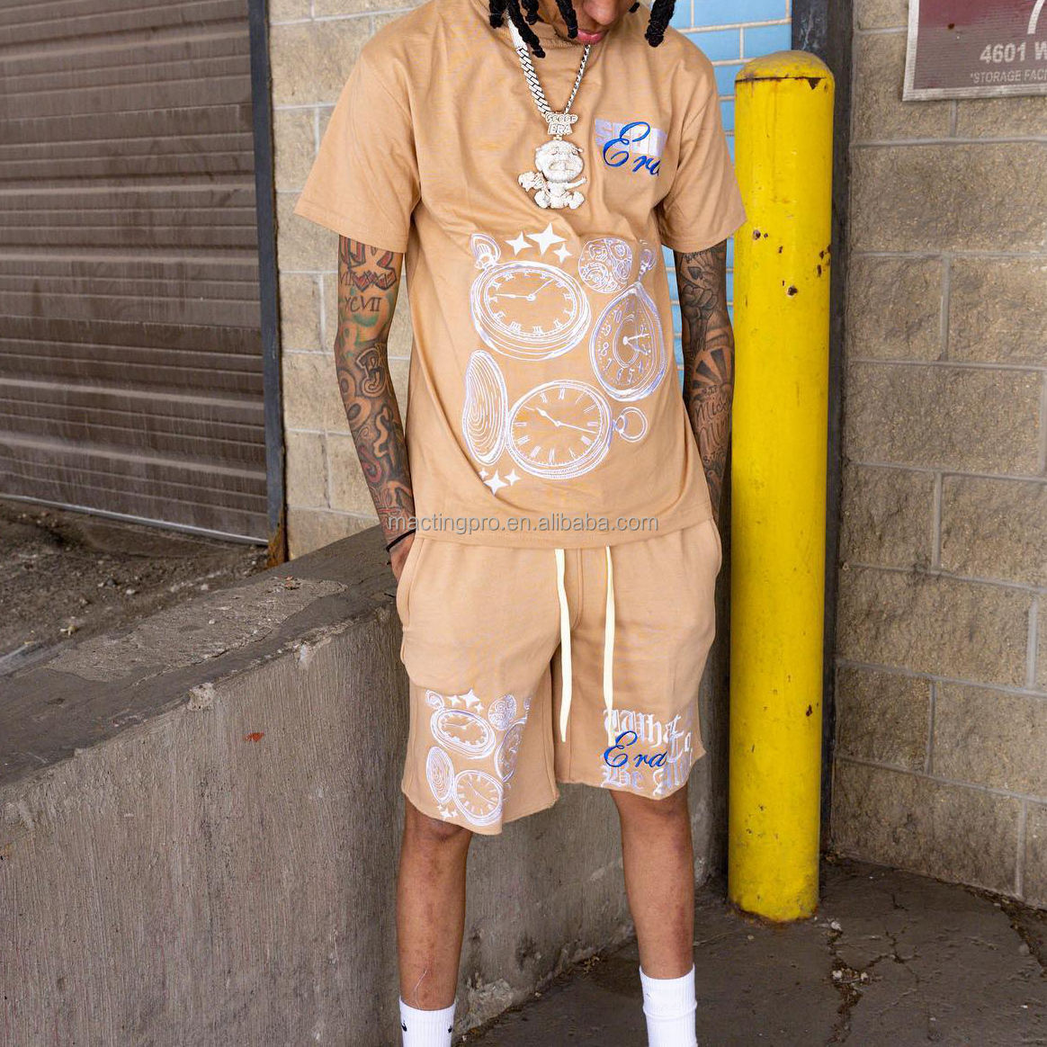 Silk Screen Printing Custom Tracksuit for Men Mens T Shirts and Sweat Shorts Set