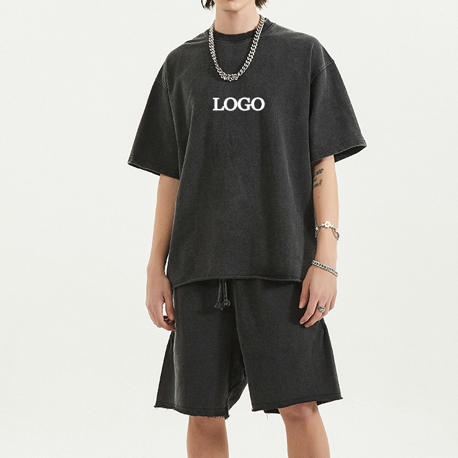 Men's Custom Logo Oversized 100% Cotton Sportswear Tracksuit T-shirt and Shorts Set