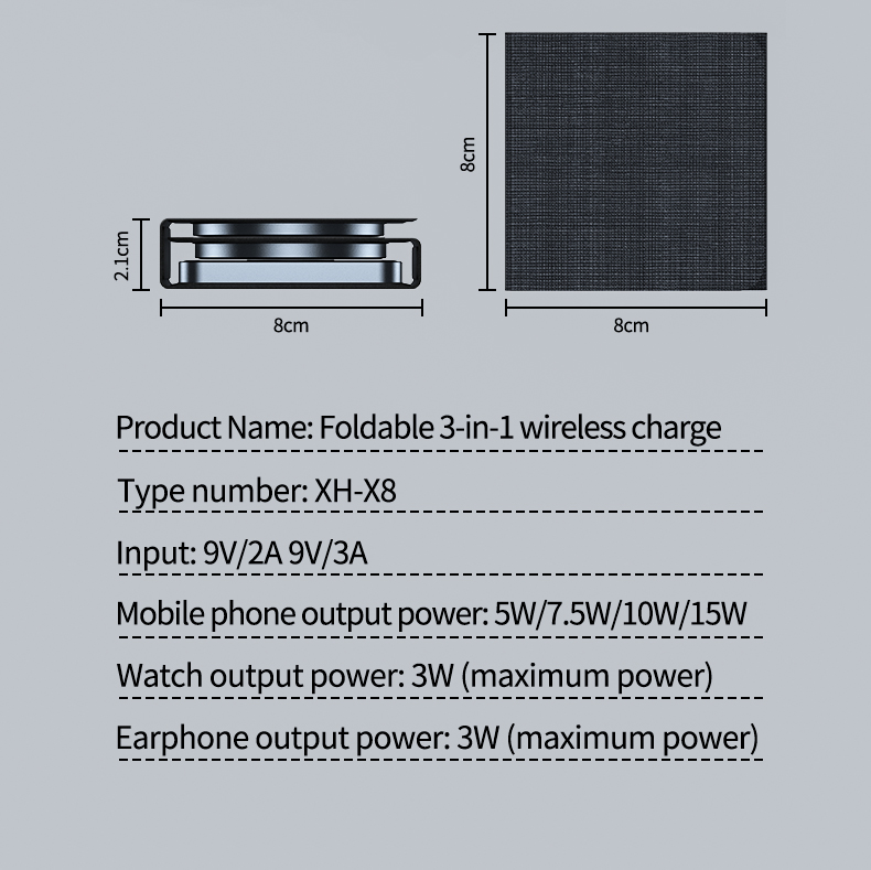 Foldable 3 in 1 Wireless Charger 6.5V-9V/2A Output Voltage and Current for Travel