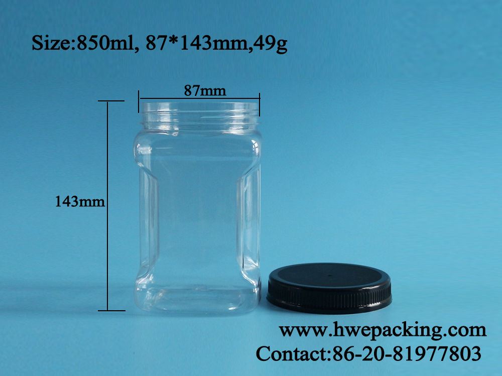 850ml Bpa Free Square Plastic Grip Jar With Lid PET Food Packaging