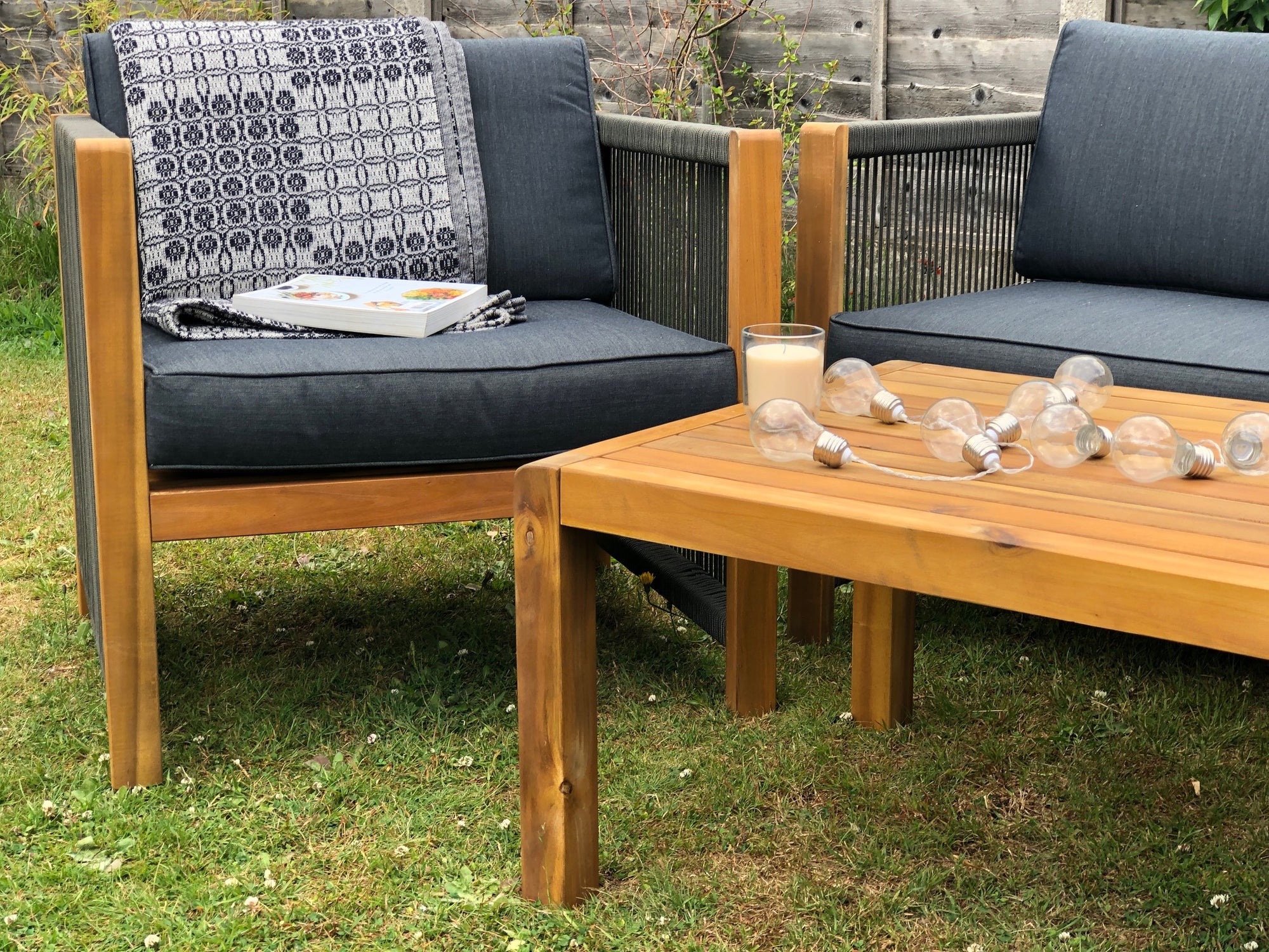 Outdoor Furniture Set with Wooden Lounge Chairs and PE Rattan Weave W71 x D66 x H64cm