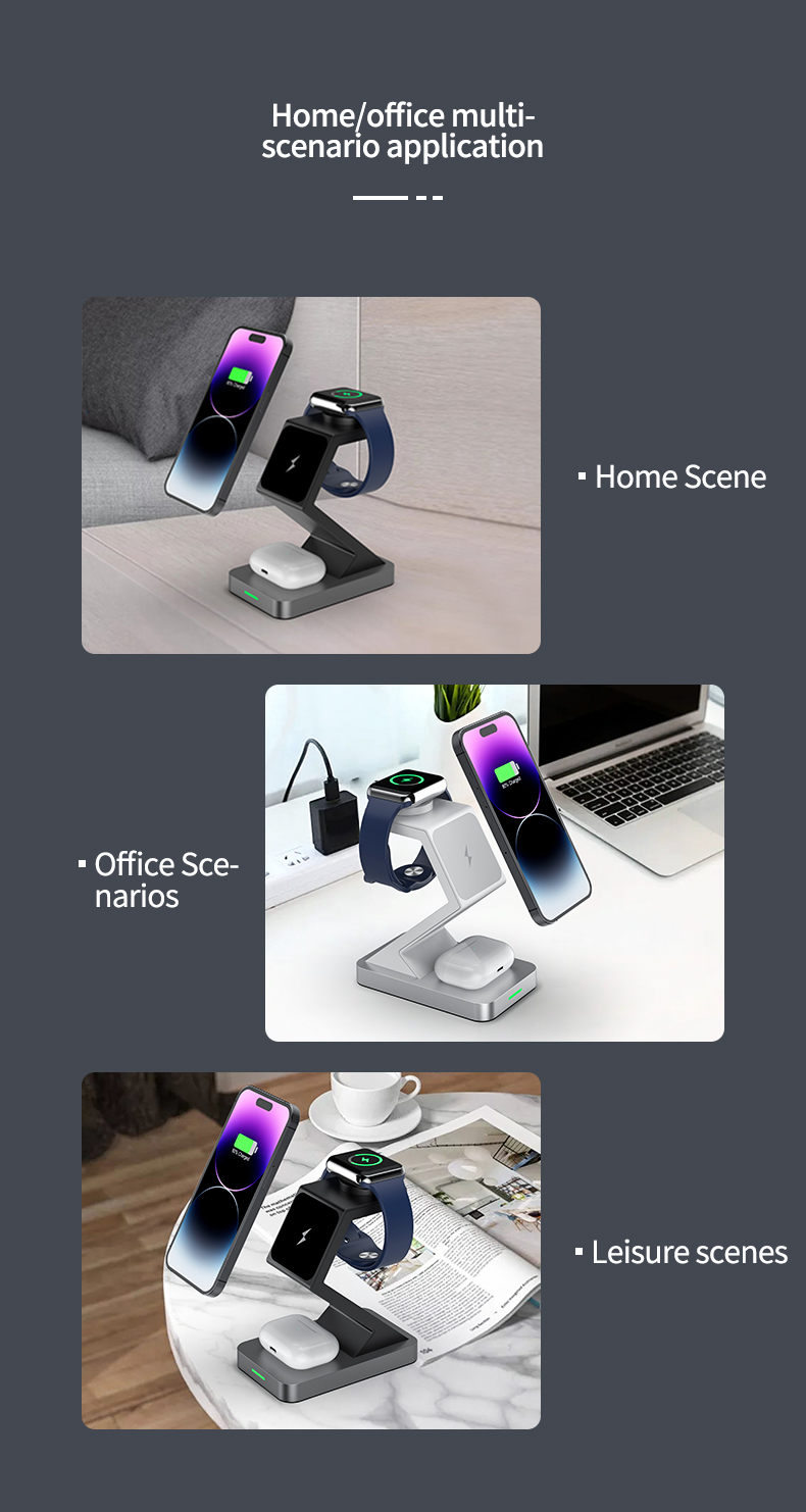 15W Fast Charge 3 In 1 Wireless Charger Stand for iPhone Watch Earphone Aluminum Alloy Protection