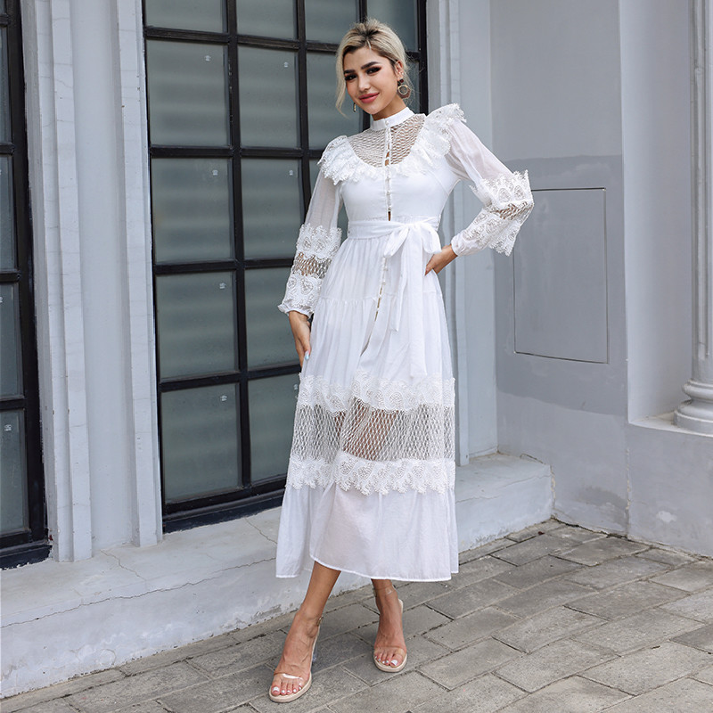 Embroidered Long Sleeve Lace Maxi Dress Plain Pattern For Wedding