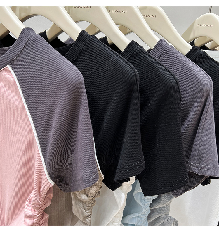 Custom Y2K Ribbed Cotton Contrast Color Crop Top Ruched Drawstring Short Sleeve Women