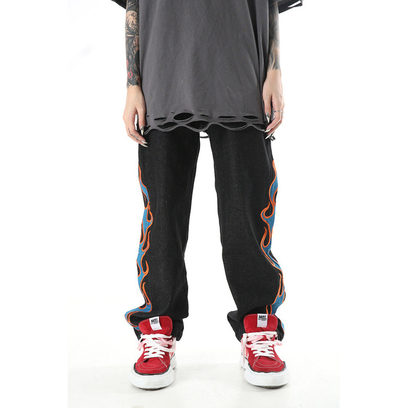 OEM Flame-Embroidered Jeans Denim Apparel Factory MOQ 100pcs Custom Label