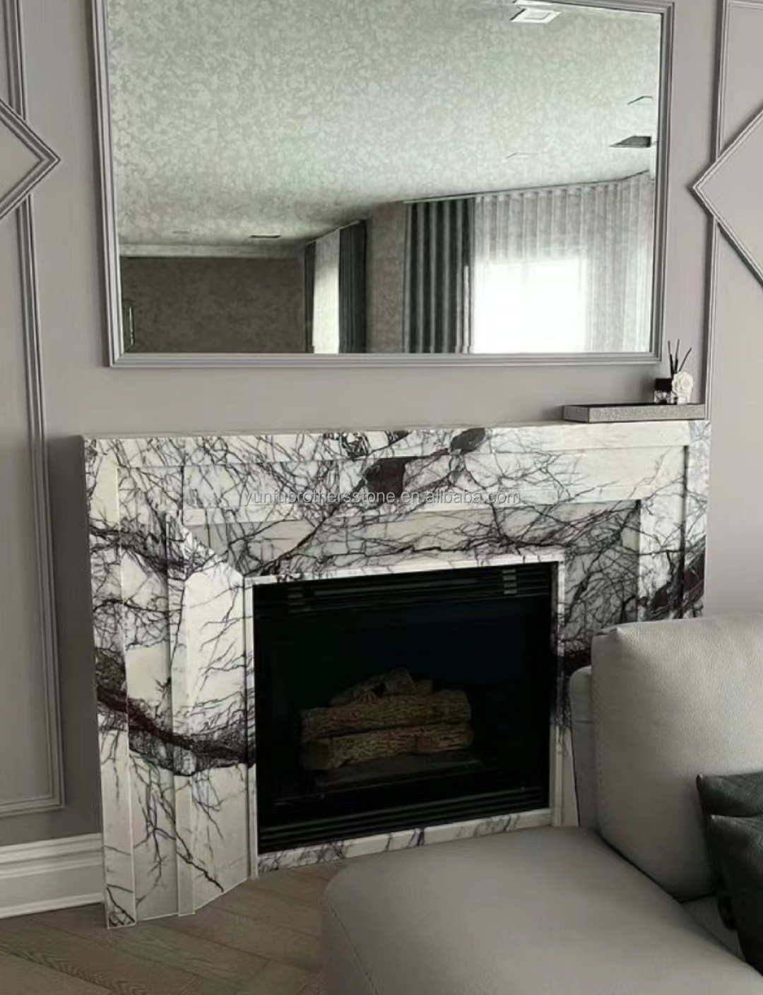 Indoor Fragrant Snow Plum Fireplace Surround in Arched French Style Stone for York Homes