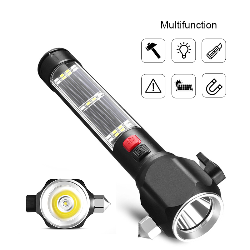 Rechargeable USB Multi-functional Flashlight with Camping Emergency Car Safety Hammer