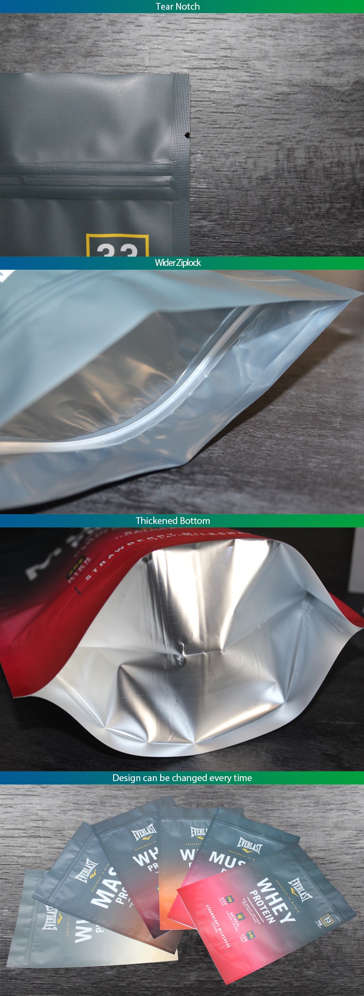 500pcs To Start Digital Print Plastic Food Packaging Pouches For Whey Protein Powder