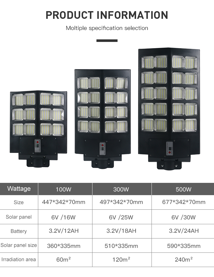 Outdoor All In One Solar Street Light 100w 300W 500W for ROAD Working Time hours 50000
