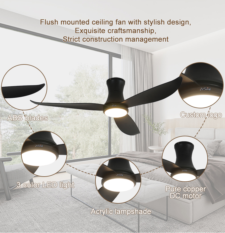 Home Office 52 Inches Flush Mount LED Ceiling Fan with ABS Blades and 3 Color Lighting