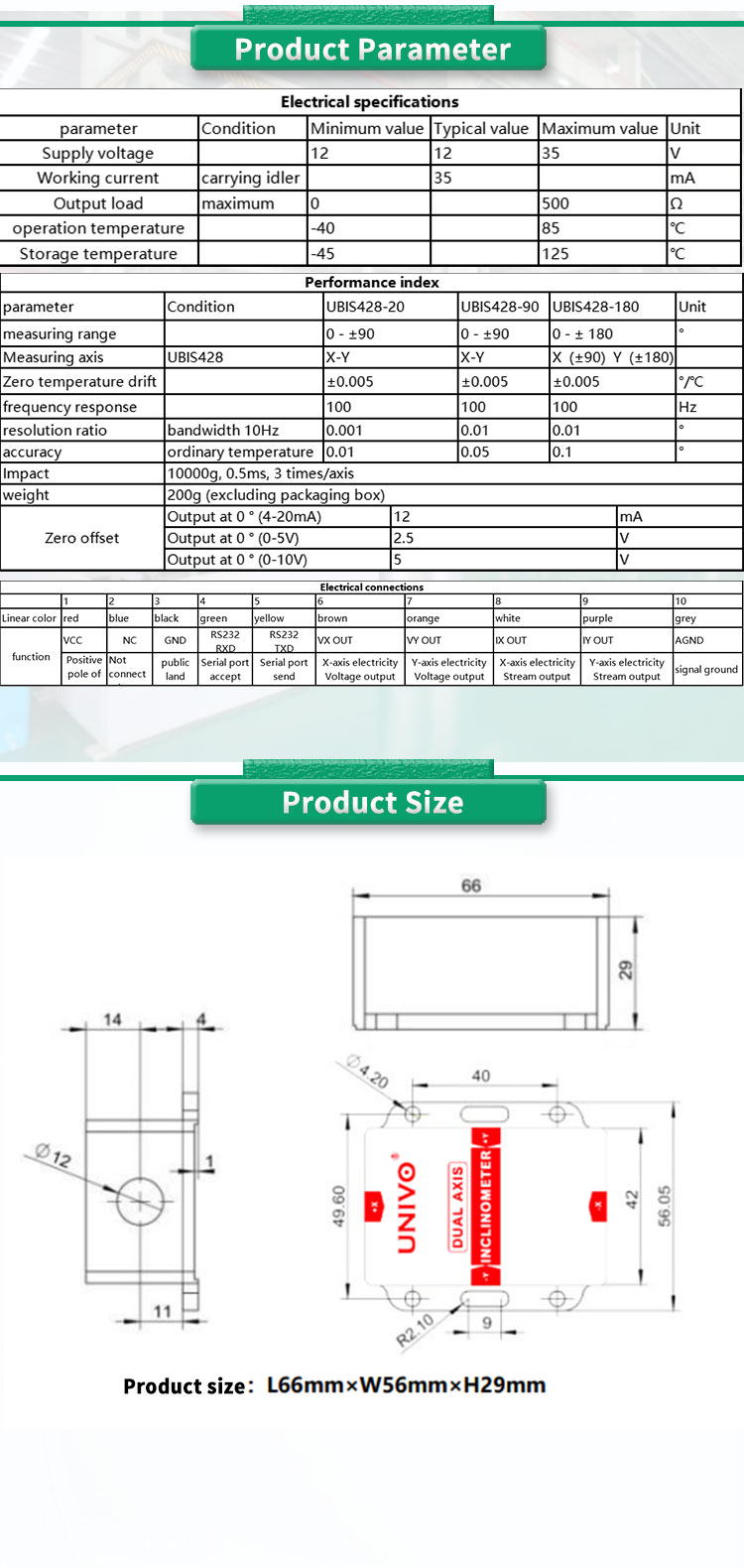 X-Y Measurement UBIS-428Y Dual Axis Inclinometer for High Precision Angle Measurement