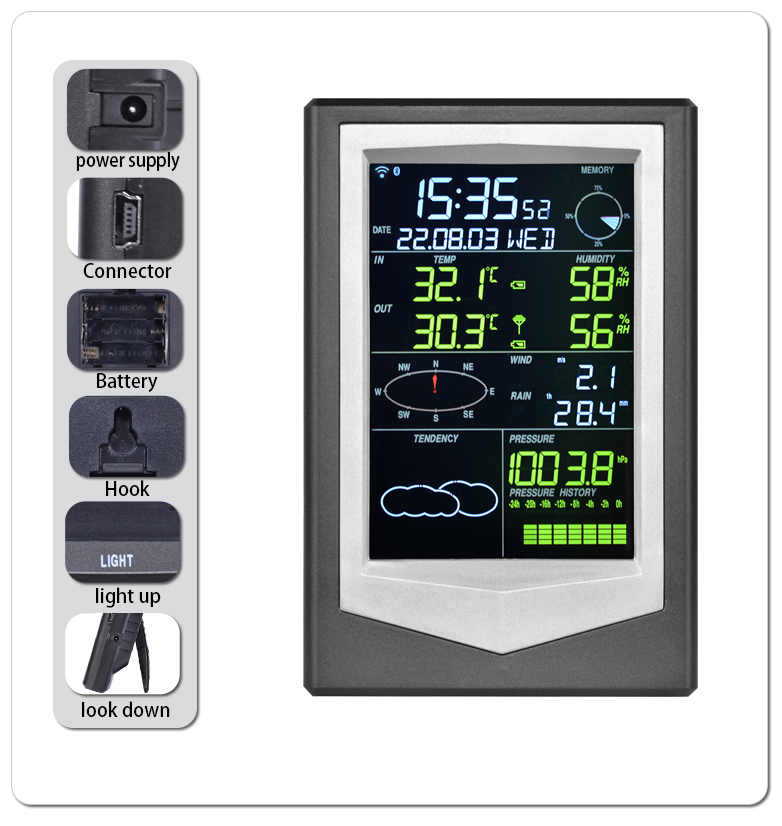 Digital Weather Station With Wireless Outdoor Sensor Black And Silver Wind Speed Range 0-50m/S