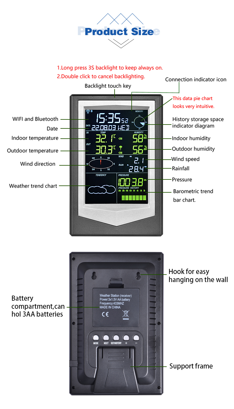 Digital Weather Station With Wireless Outdoor Sensor Black And Silver Wind Speed Range 0-50m/S