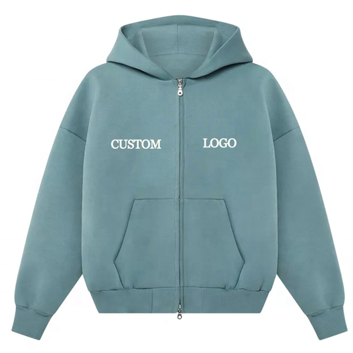Men's Double Zipper Hoodie in Vintage Washed Style with Drop Shoulder and Cropped Design