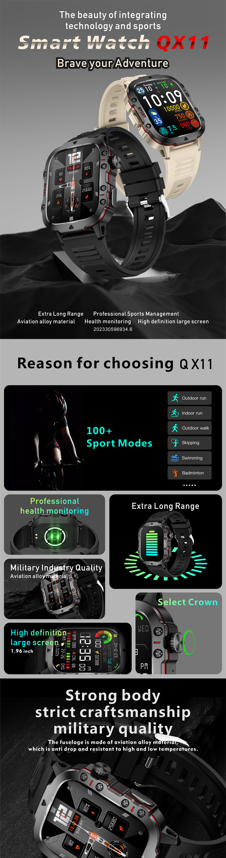 QX11 Android Sport Smart Watch Outdoor Waterproof BT Call 420mAh Blood Pressure