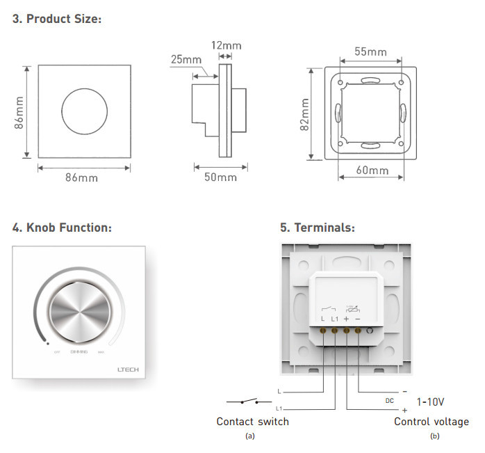AC 90-250V Rotary Light Dimmer Switch , Plastic Dimmable Led Light Switch