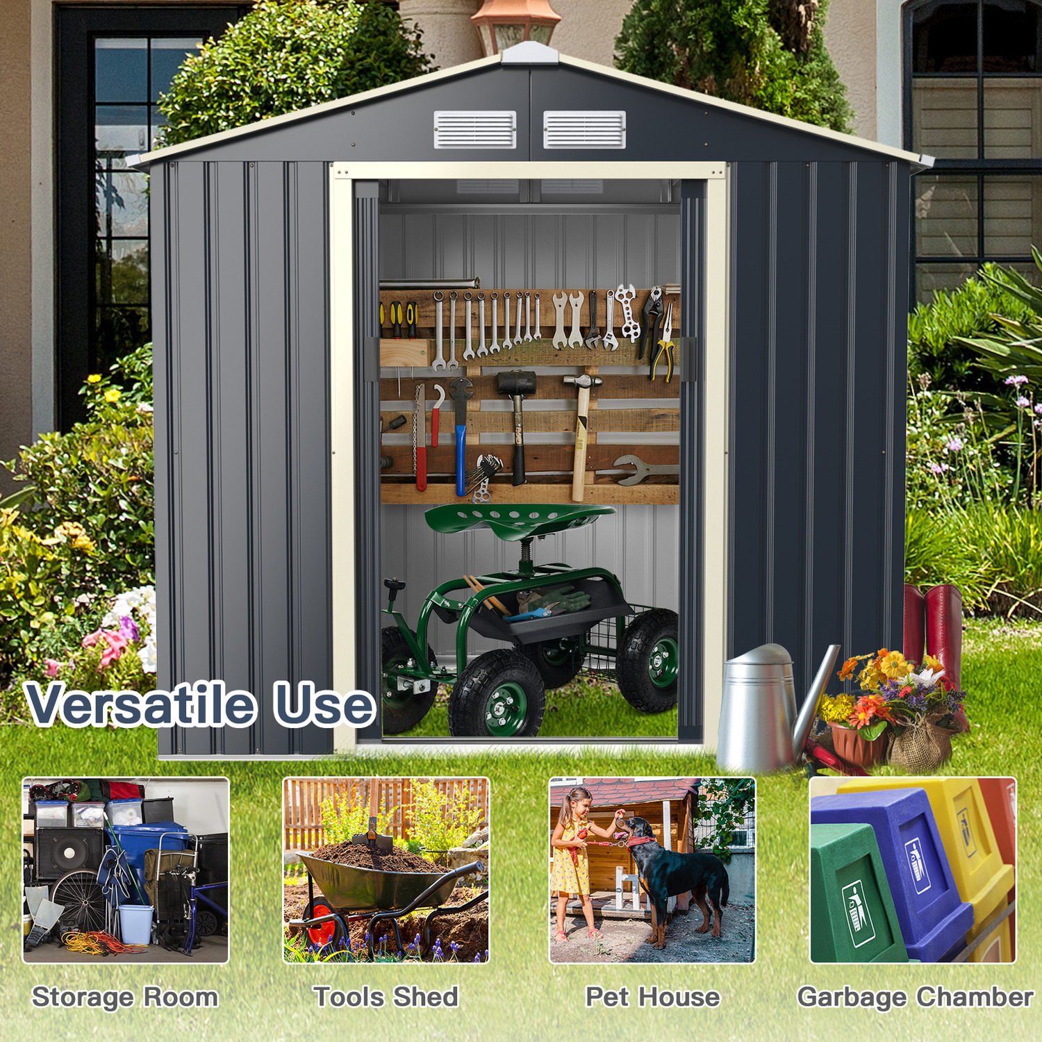 Large Size Metal Garden Building Shed with 4 Vents 43kg Powder Coated Frame by AJUNION