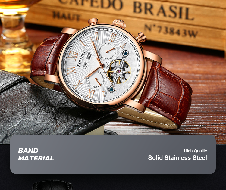 J022-2 Fashion Black Strap Silver Cover Hollow Out Case Back With Complete Calendar Mens Automatic Mechanical Watch