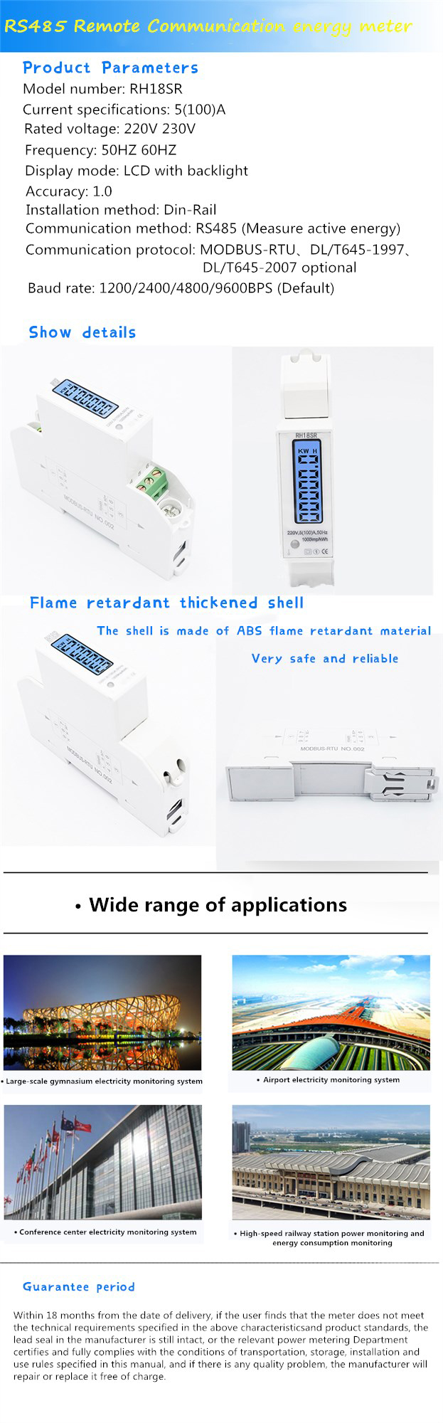 Single phase Modbus Electricity Digital Energy Meter Kwh Meter 5(100)A LCD Display with RS485