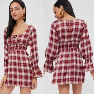 China Womens Apparel Square Neck Checked Mini Empire Waist Dress wholesale