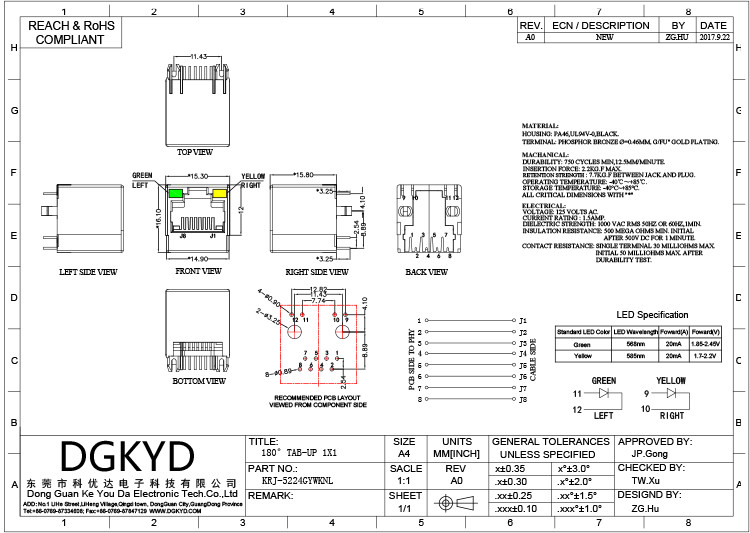KRJ-5224GYWKNL 180 Degree In-Line Network Port Socket Empty Package RJ45 Connector With Light Without Shield