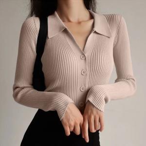 China 2023 Lapel Slim Top Women′s Hollowed out Button Sexy V-Neck Long-Sleeved Polo Neck Knitted Cardigan Sweater Women′s wholesale