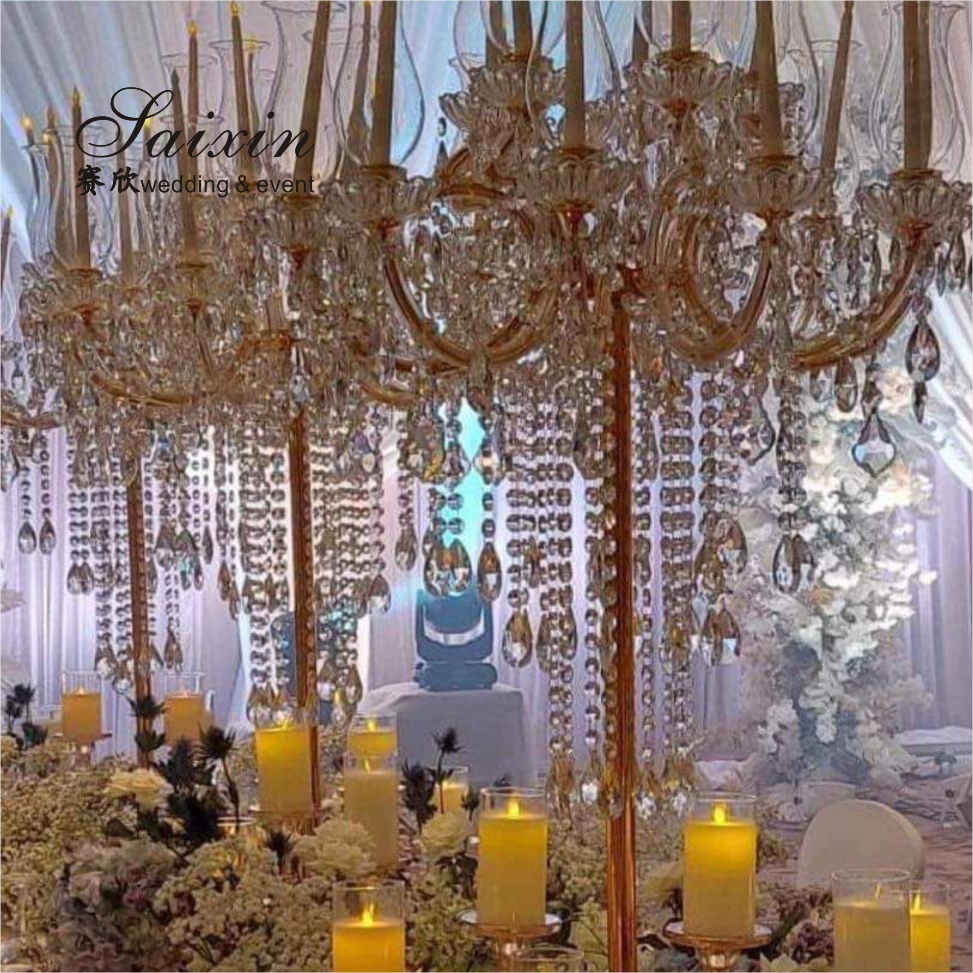 3 Arm 9 Arm Crystal Candelabra Wedding Black Glass Wedding Table 110CM