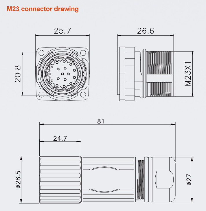 6 - 19 Pin M23 Connector Panel Mount Connector Square Circular Waterproof