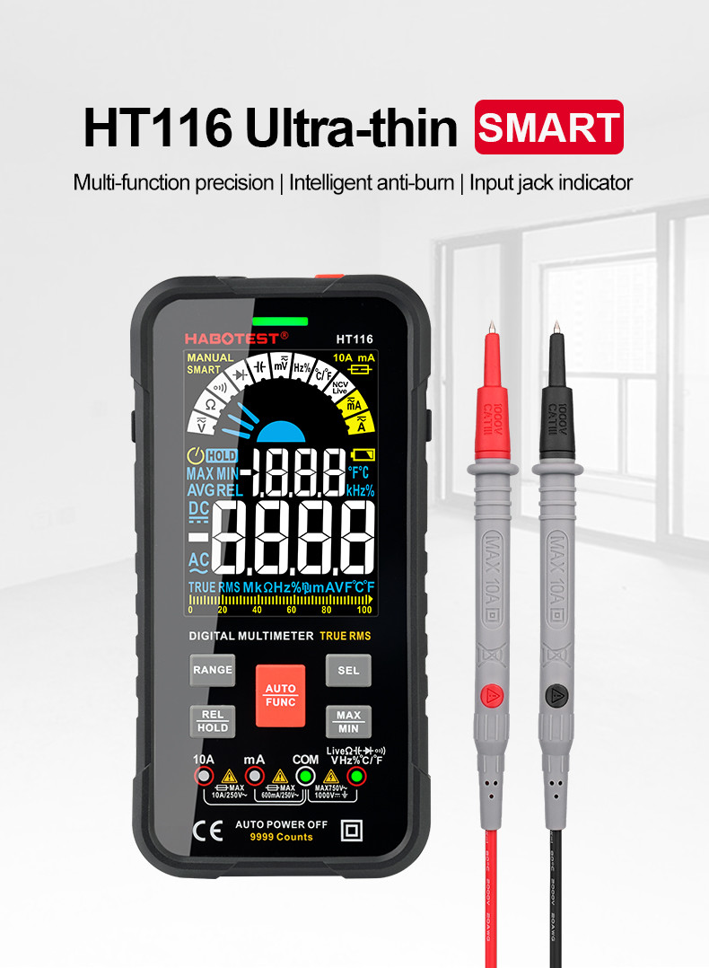 HT116 Digital Multimeter 9999 Counts Auto Range 1000V 10A Tester Meter Ohm Hz Capacitance True RMS Smart Multitester