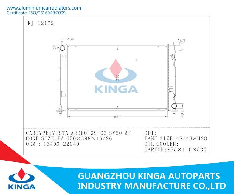 Kinga Toyota Aluminium Car Radiators For VISTA ARDEO'98-03 SV50 OEM 16400-22040