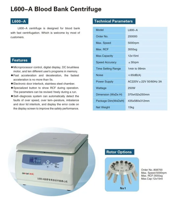 China Laboratory L600-A Table Top Blood Bank Centrifuge 5000r/Min <=65db(A)