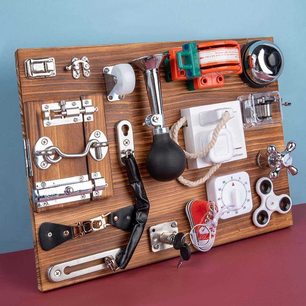 Kids' Travel Toy Beech Wood Busy Board With Keys Latches Buckle Handmade DIY Baby Sensory Activity Boards Game