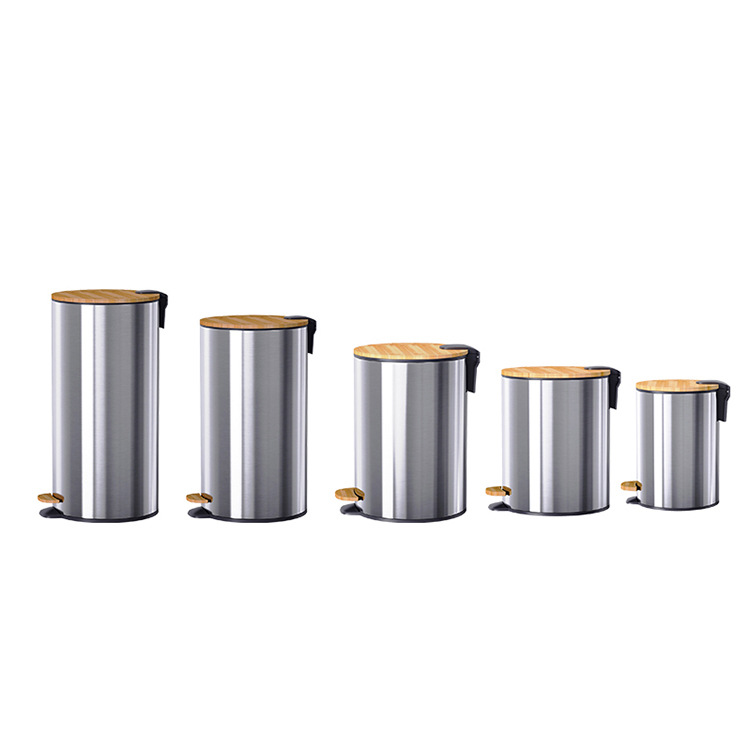 Space-Saving Rolling Cover Style Stainless Steel Trash Bin with Thin Bamboo Lid and Pedal