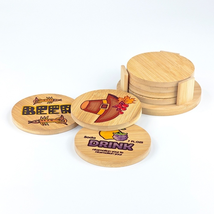 Eco Friendly Wood Sublimation Blanks Round Coasters With Holder Thick 0.8cm