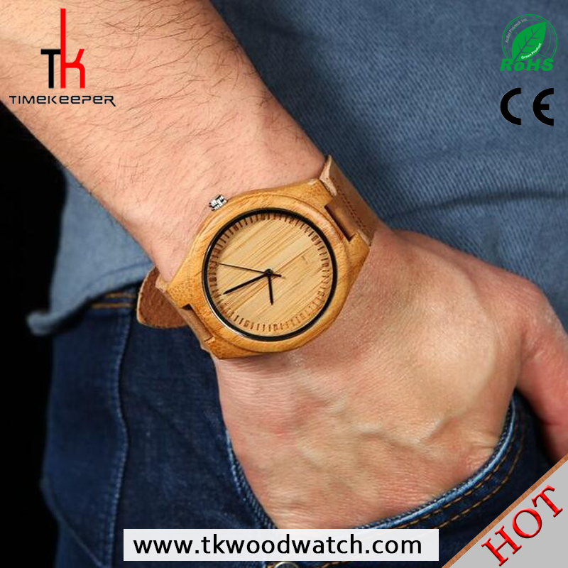 2016 Factory price Hot selling Leather strap Ronda movement quartz bamboo watch