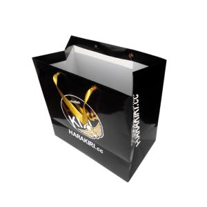China Custom Printed Black Paper Euro Tote Bags With Satin Ribbon Rope Gold Foil Logo wholesale