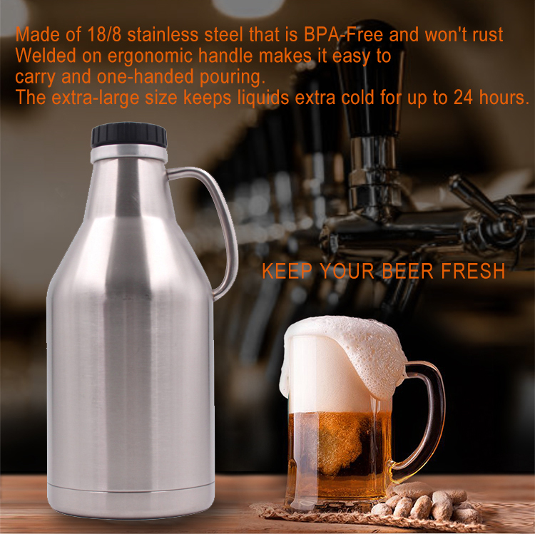 Stainless Steel Vacuum Insulated Growlers , Black 2L Screw Top Growler Double Wall