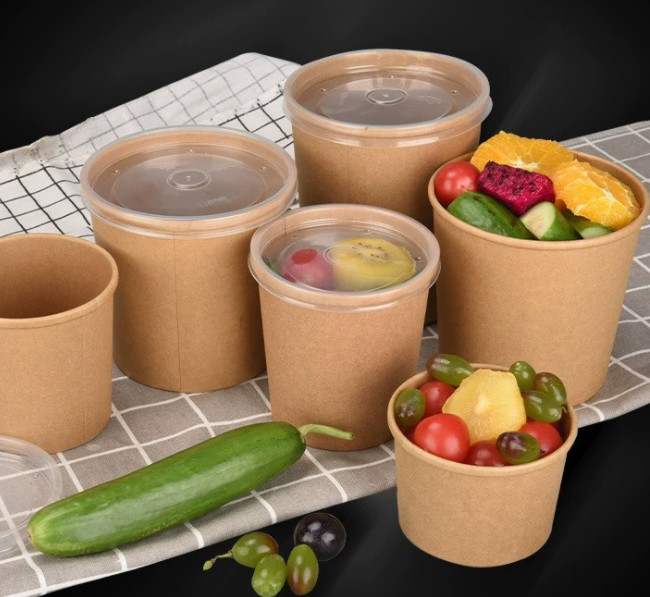 Brown Disposable Paper Soup Bowl Takeout Round Paper Soup Cup With Lids